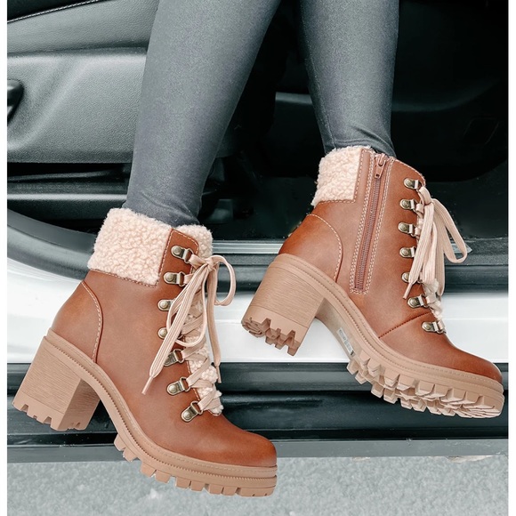 Brown Sherpa Lace-Up Lug Sole Combat Booties - Picture 8 of 16